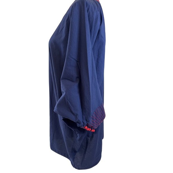 The Working Women Navy Blue 3/4 Sleeve Tunic Dress W/ Red Embroidery & Button De - Picture 3 of 12